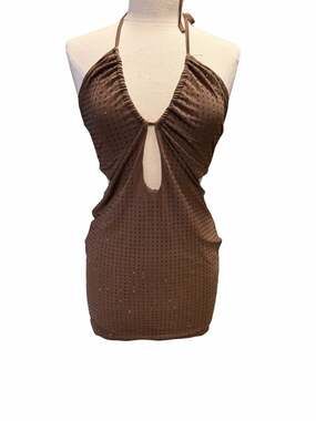 Missguided Brown Rhinestone Embellished Halter Mini Dress Size L